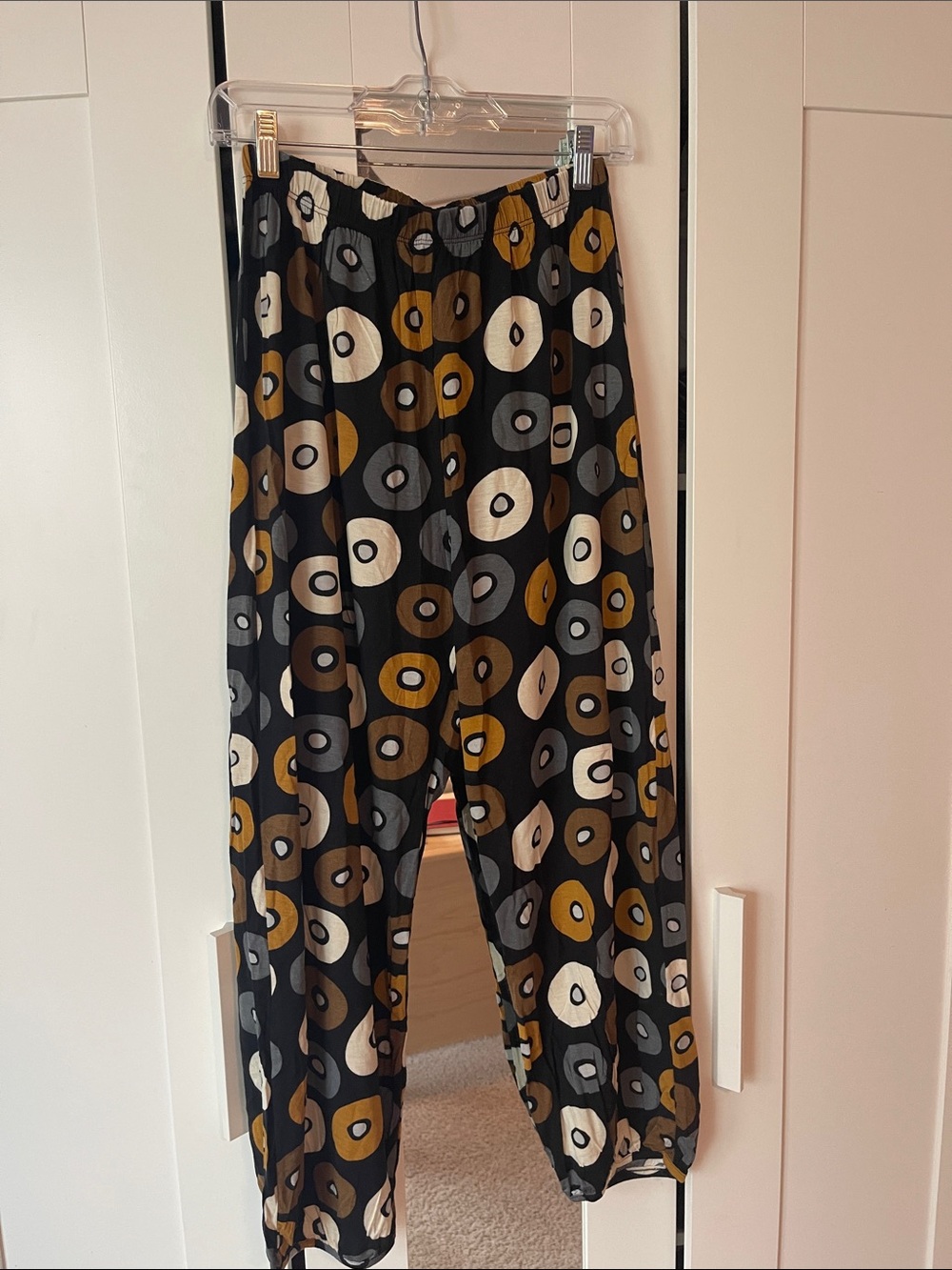 Gudrun Sjoden Black Harem-Style Pants with Mustard and Cream Circles